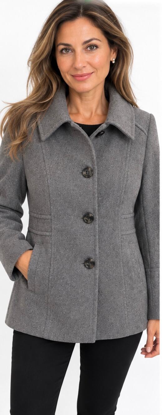 London Fog Gray Button Front Coat Jacket with Wide Collar and Waist Seaming, Siz